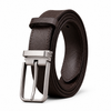 Coffee full-grain leather belt with brushed silver pin buckle, rolled hero view