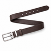 Coffee full-grain leather belt with brushed silver pin buckle, complete five-hole view