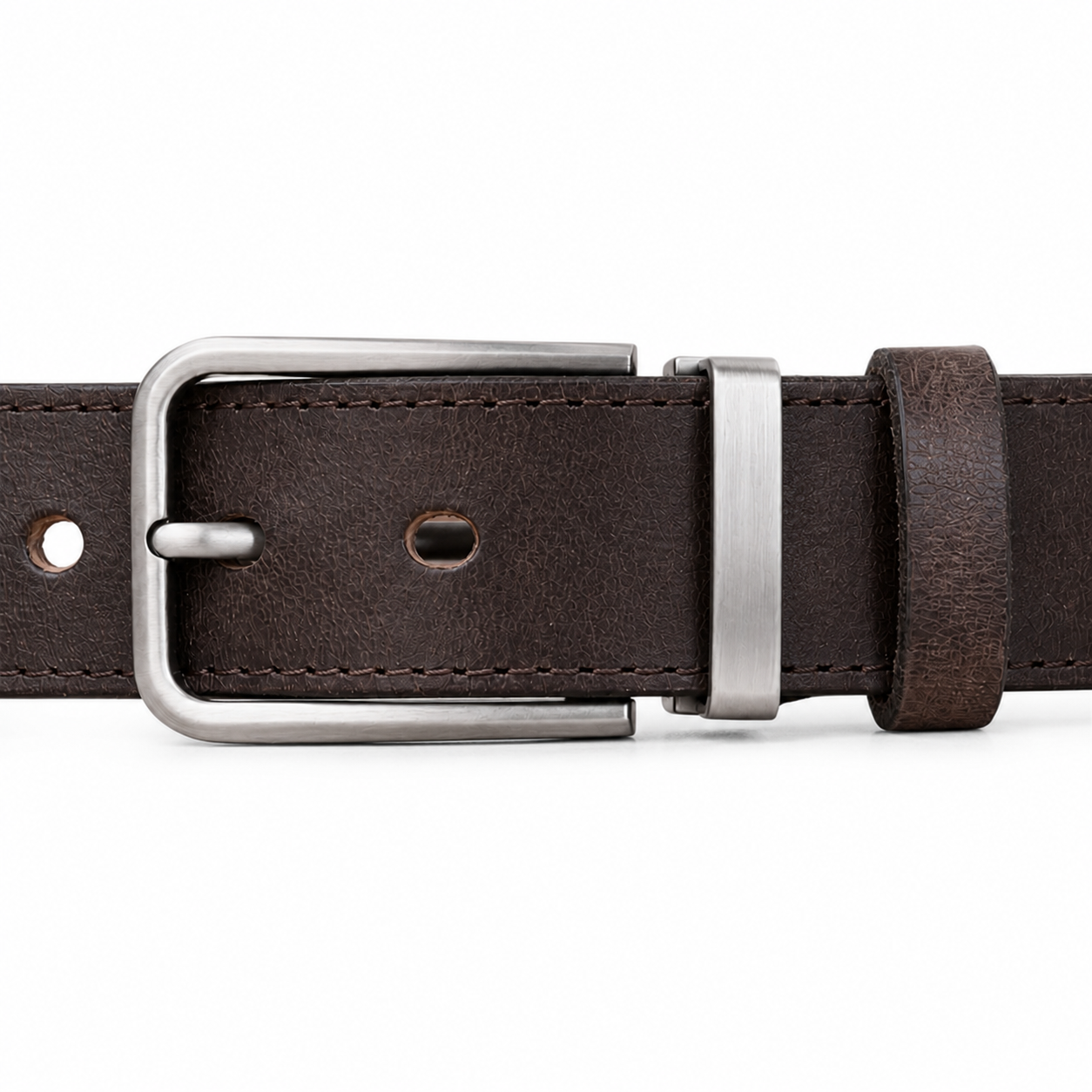Coffee full-grain leather belt, brushed silver pin buckle and dual keeper detail