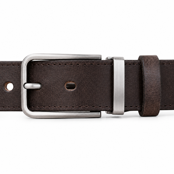 Coffee full-grain leather belt, brushed silver pin buckle and dual keeper detail