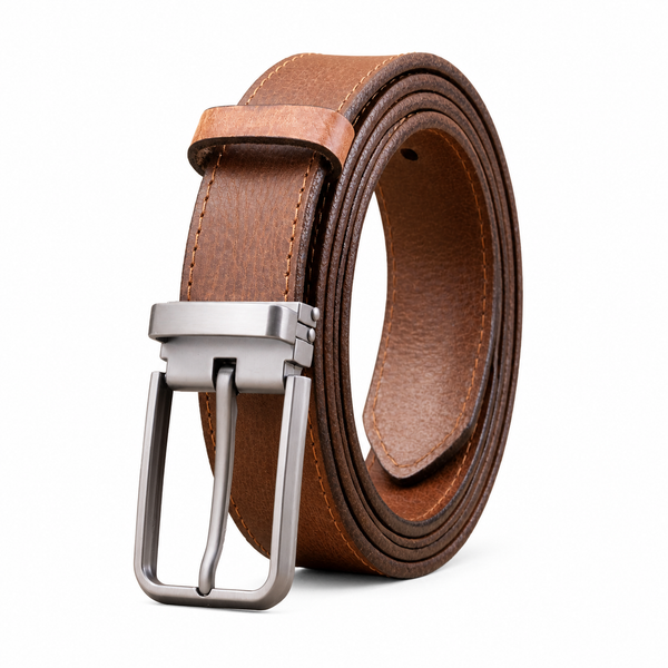 Light Brown full-grain leather belt with brushed silver pin buckle, rolled hero view