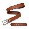 Light Brown full-grain leather belt with brushed silver pin buckle, complete five-hole view