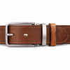 Light Brown full-grain leather belt, brushed silver pin buckle and dual keeper detail