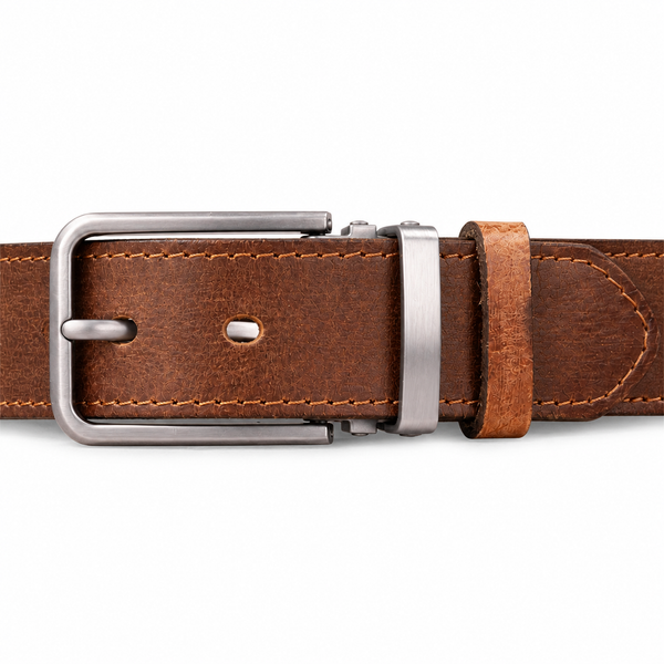 Light Brown full-grain leather belt, brushed silver pin buckle and dual keeper detail