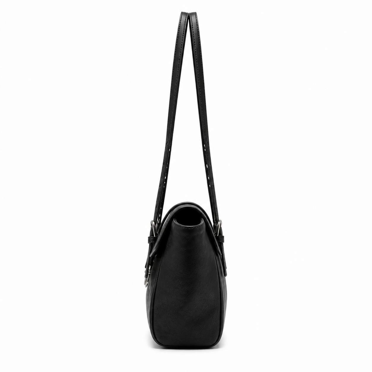 Black genuine leather structured satchel bag, side view