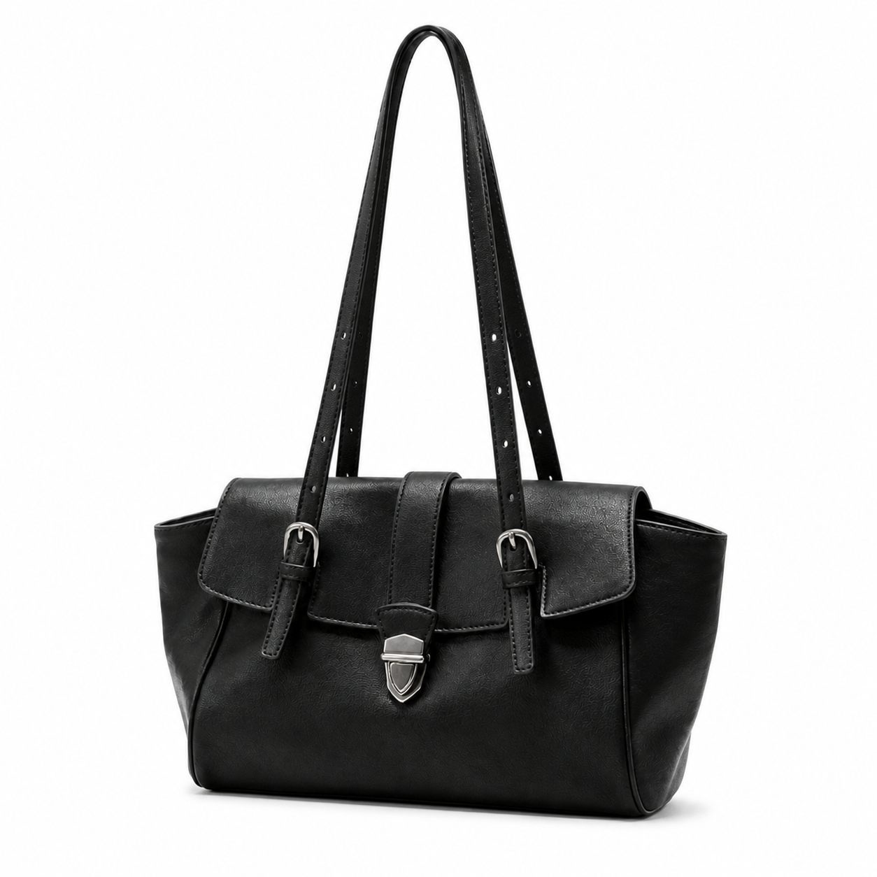 Black genuine leather structured satchel bag, three-quarter view