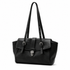 Black genuine leather structured satchel bag, three-quarter view