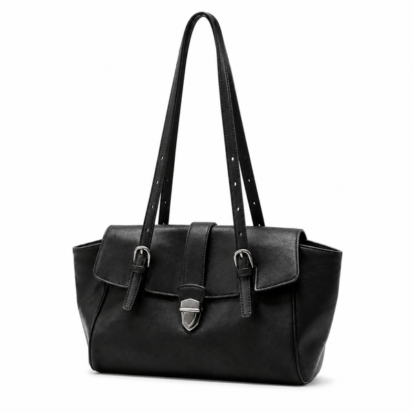 Black genuine leather structured satchel bag, three-quarter view
