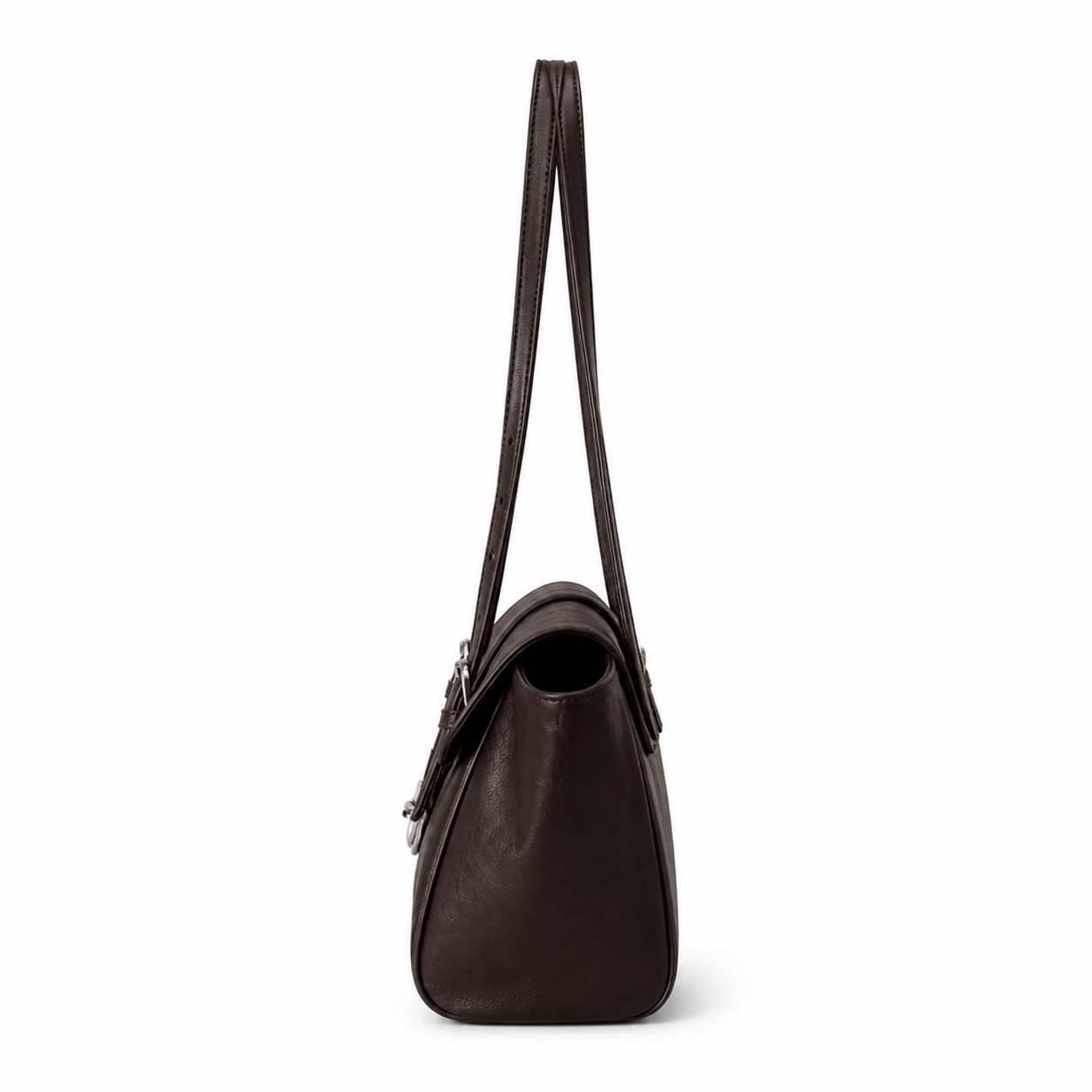 Coffee brown genuine leather structured satchel bag, side view