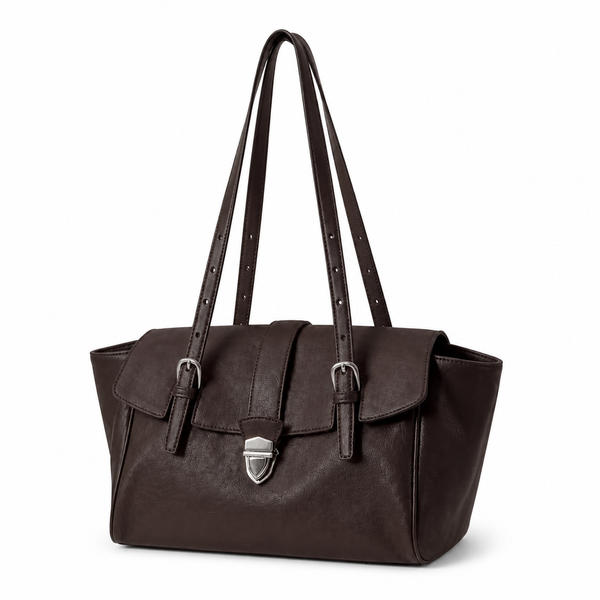 Coffee brown genuine leather structured satchel bag, three-quarter view