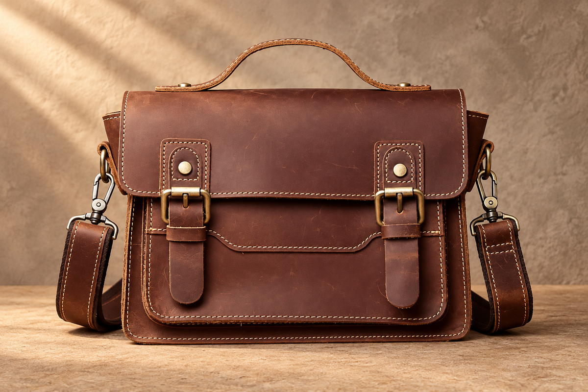 Brown crazy-horse leather satchel in warm directional studio light