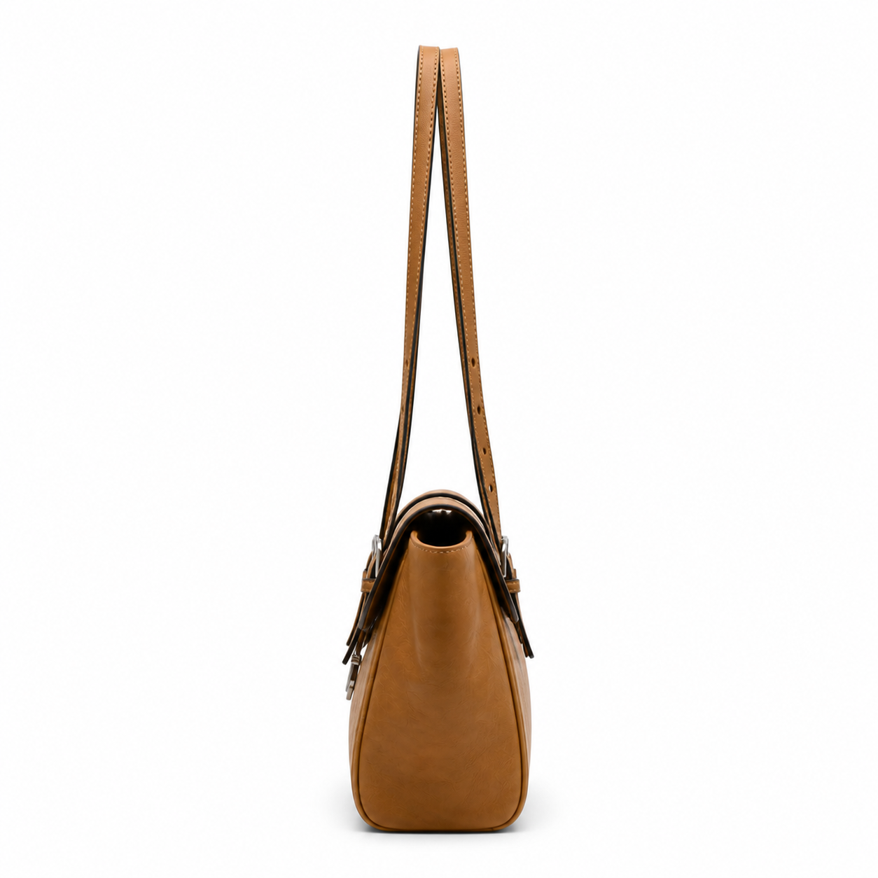Warm tan genuine leather structured satchel bag, side view