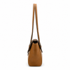Warm tan genuine leather structured satchel bag, side view