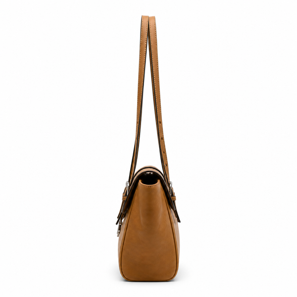 Warm tan genuine leather structured satchel bag, side view