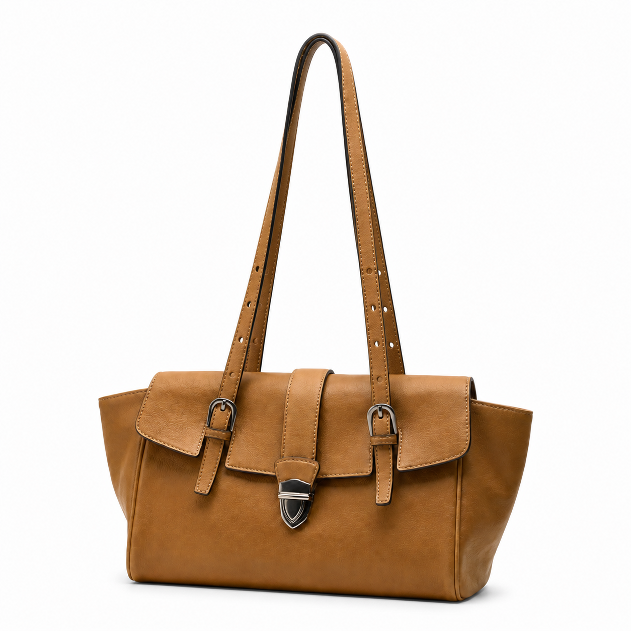 Warm tan genuine leather structured satchel bag, three-quarter view