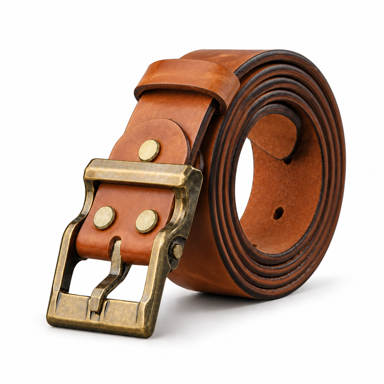 Light Brown waxed leather belt with antique brass buckle, rolled three-quarter view