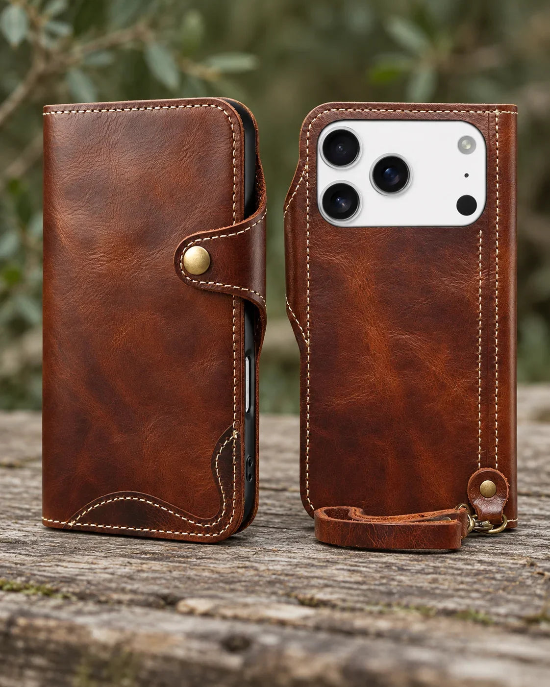 Brown leather folio phone case front and back views