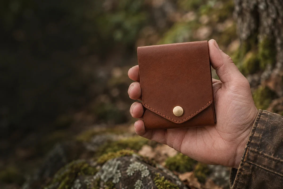 Brown envelope-style leather snap wallet held in a hand