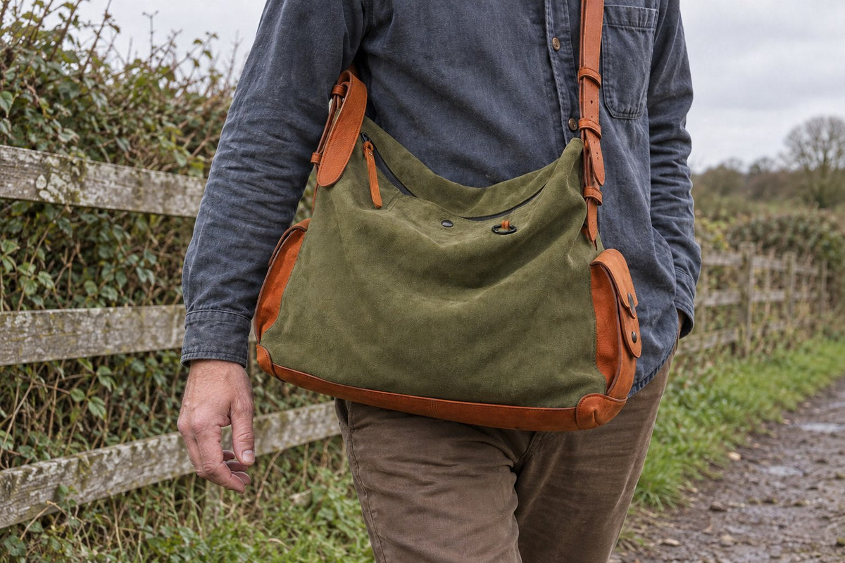 AI-assisted lifestyle detail of the olive leather bag worn beside a fence in soft daylight
