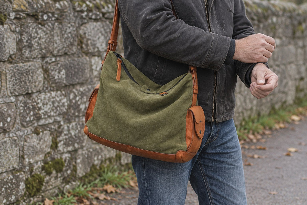 AI-assisted lifestyle detail of the olive leather bag worn beside a stone wall in soft daylight
