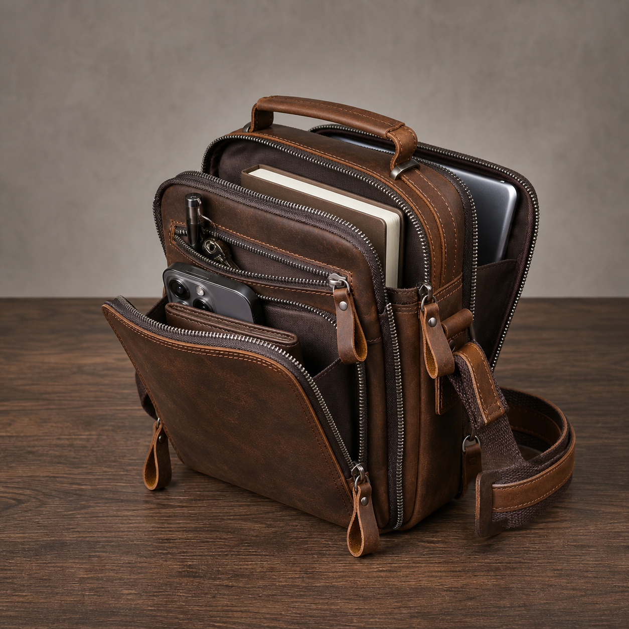 Open leather messenger bag showing organized compartments