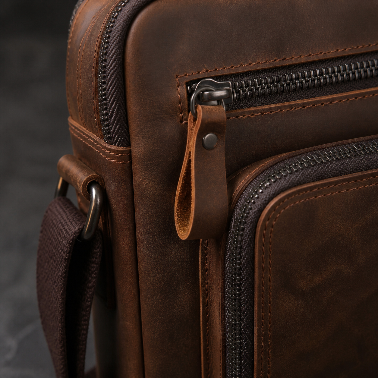 Close view of leather grain stitching and zipper hardware