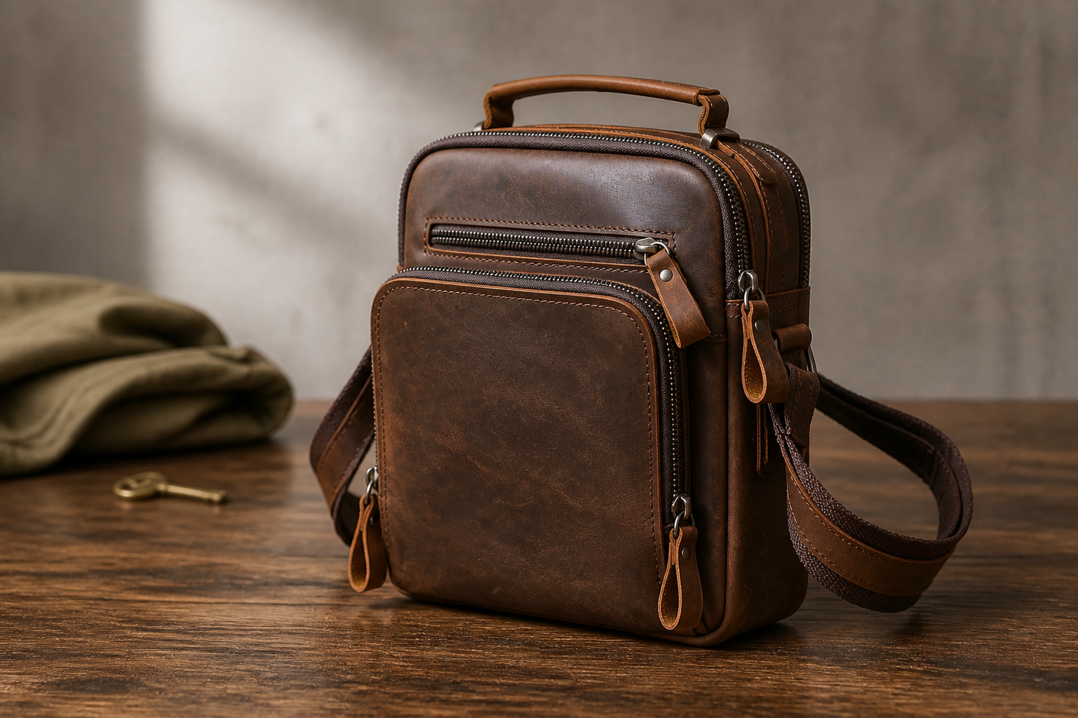 Coffee brown leather messenger bag on a walnut table