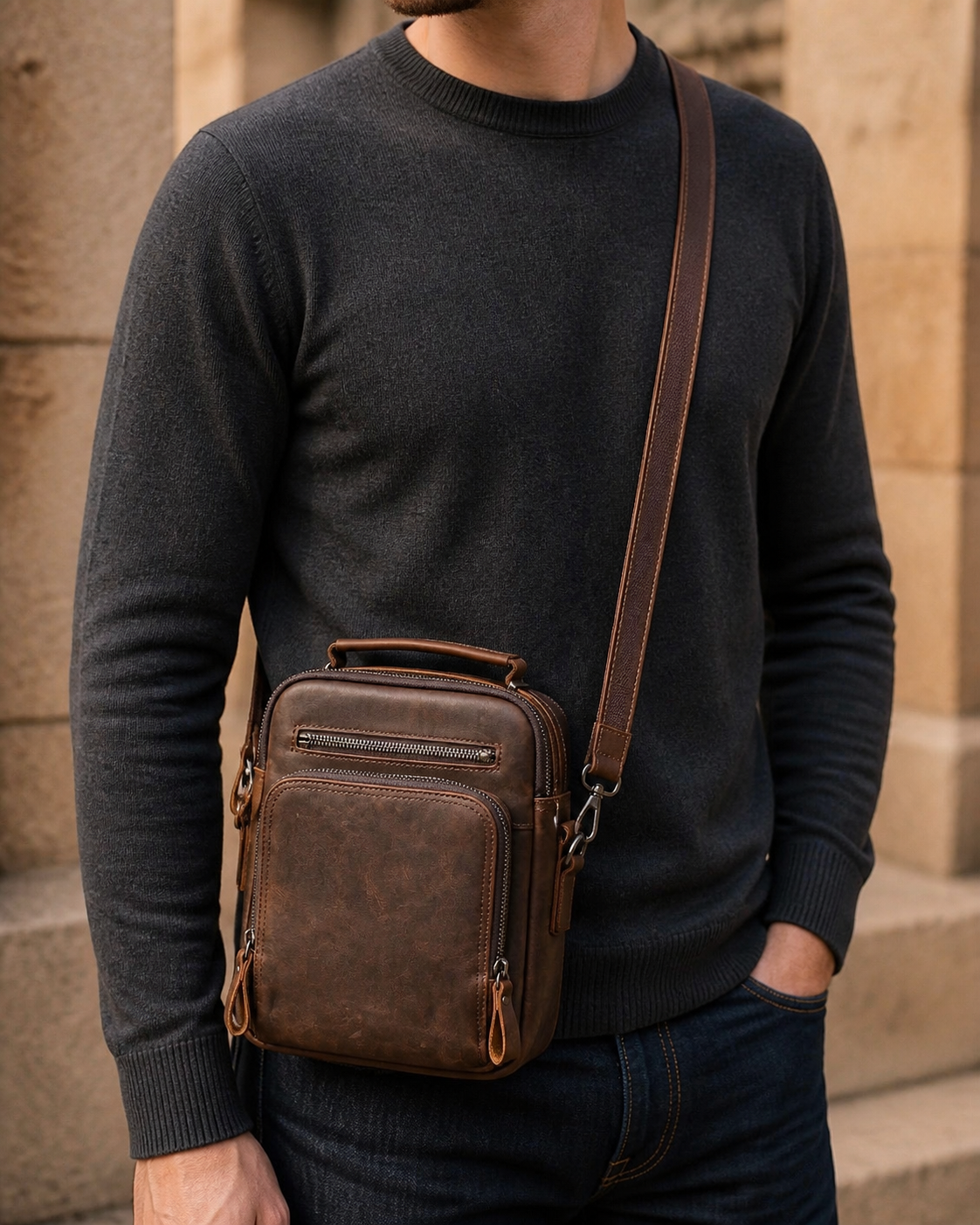 Man wearing a coffee brown leather messenger bag crossbody