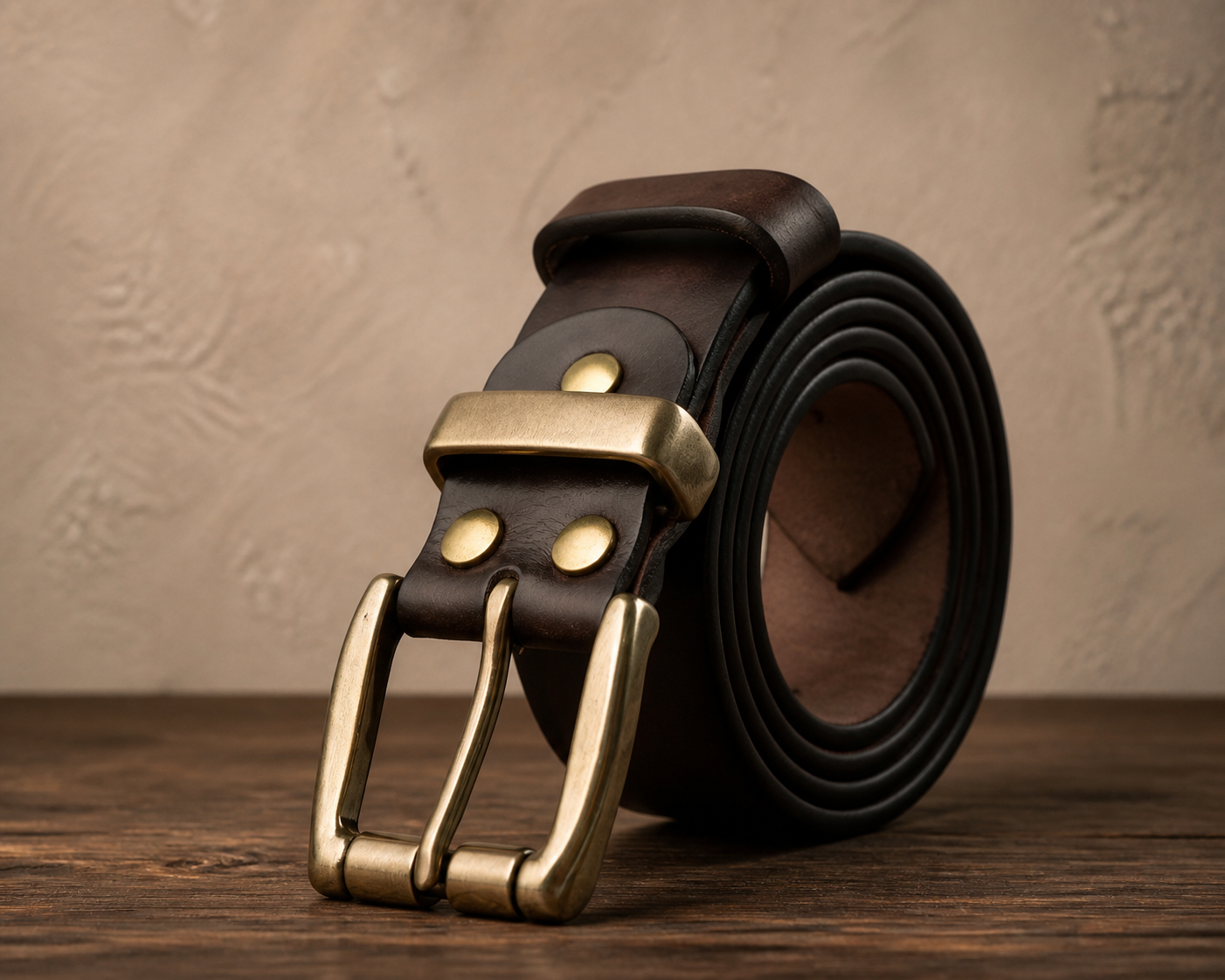 Coffee brown waxed leather belt with antique solid brass buckle