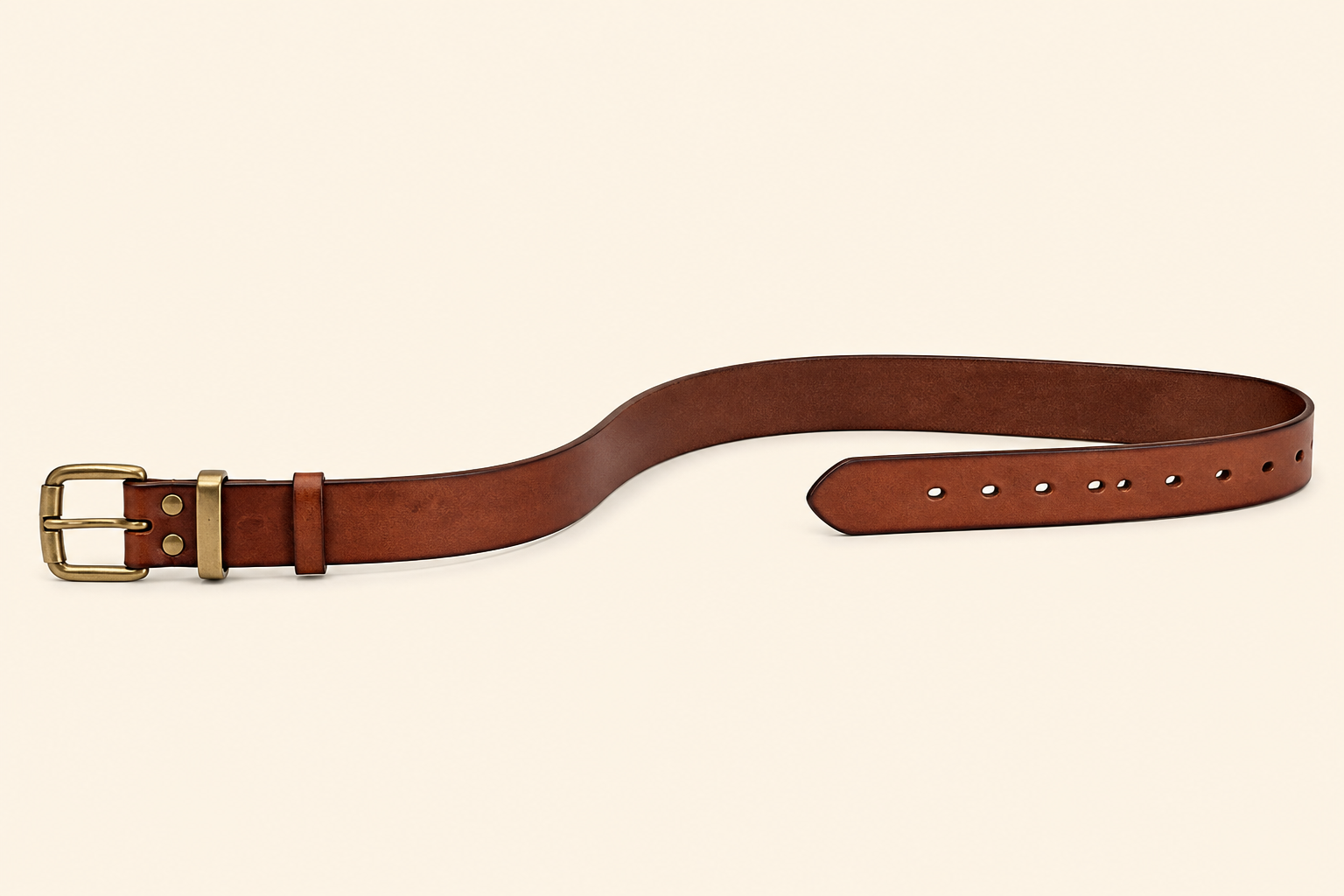 Full length brown leather belt with adjustment holes