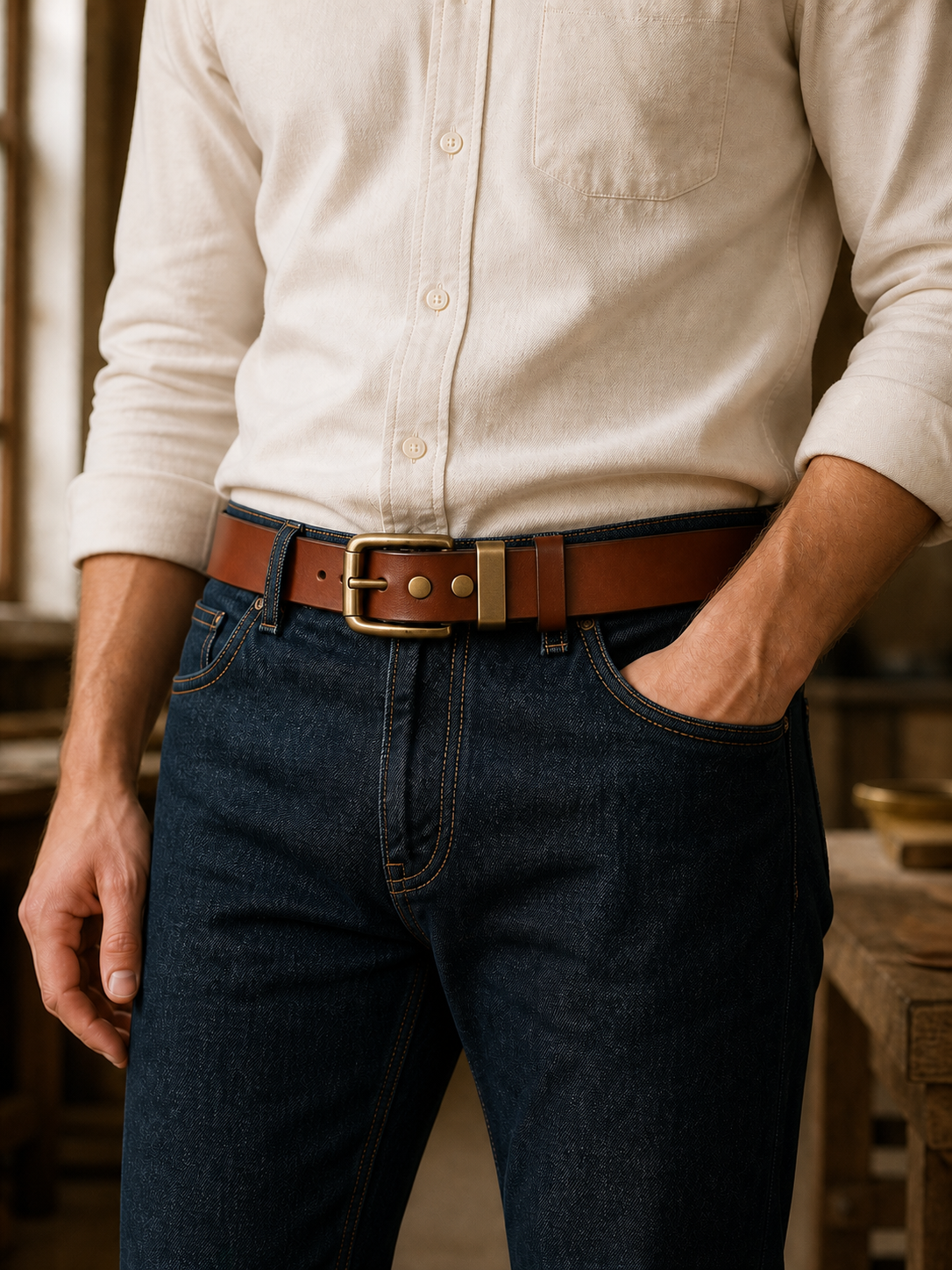 Man wearing a brown leather belt with indigo jeans