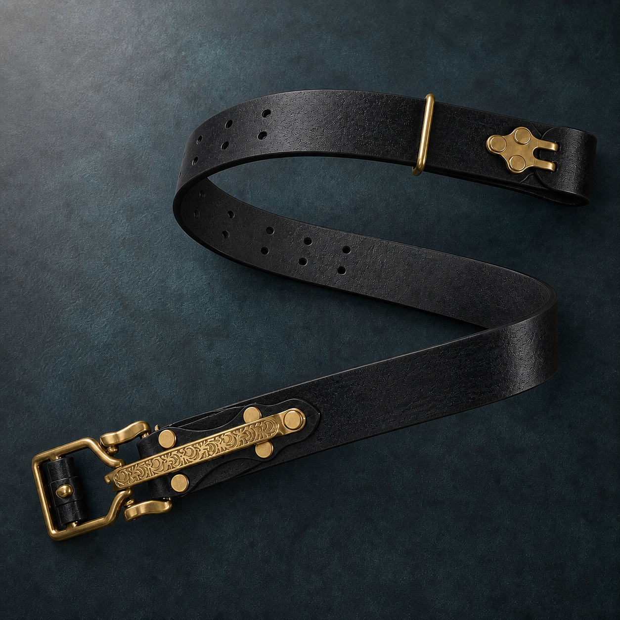 Full black leather cavalry belt arranged on a dark blue surface