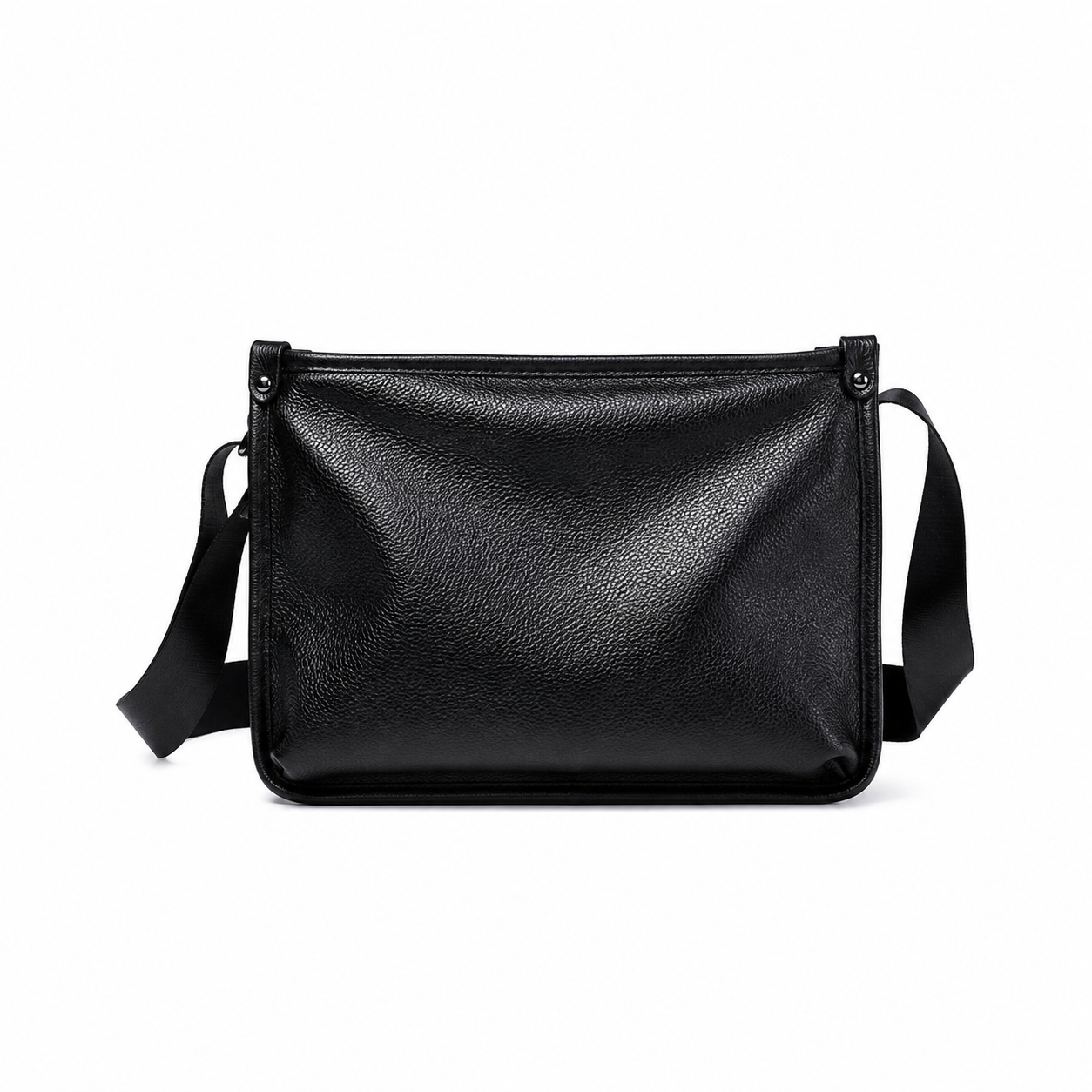 Black top-grain leather messenger bag with adjustable shoulder strap