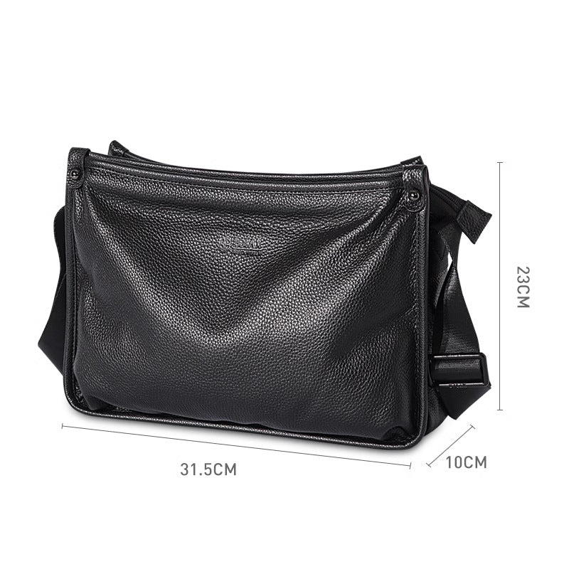 Black leather messenger bag measuring 31.5 by 23 by 10 centimeters