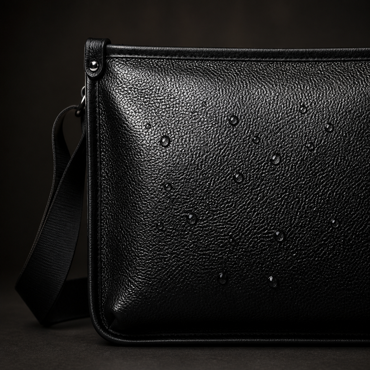 Water droplets beading on black pebbled leather