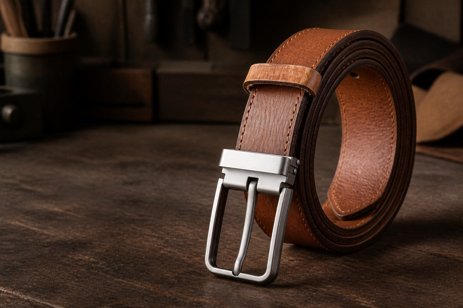 Vintage full-grain leather belt on a craftsman's workbench
