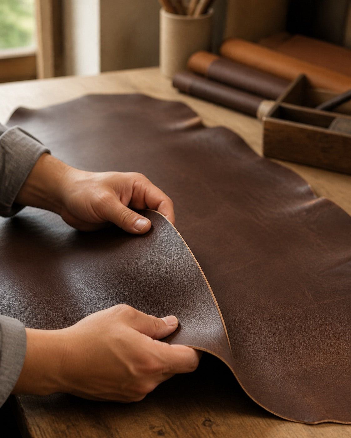 Leather craftsperson inspecting Coffee brown full-grain cowhide