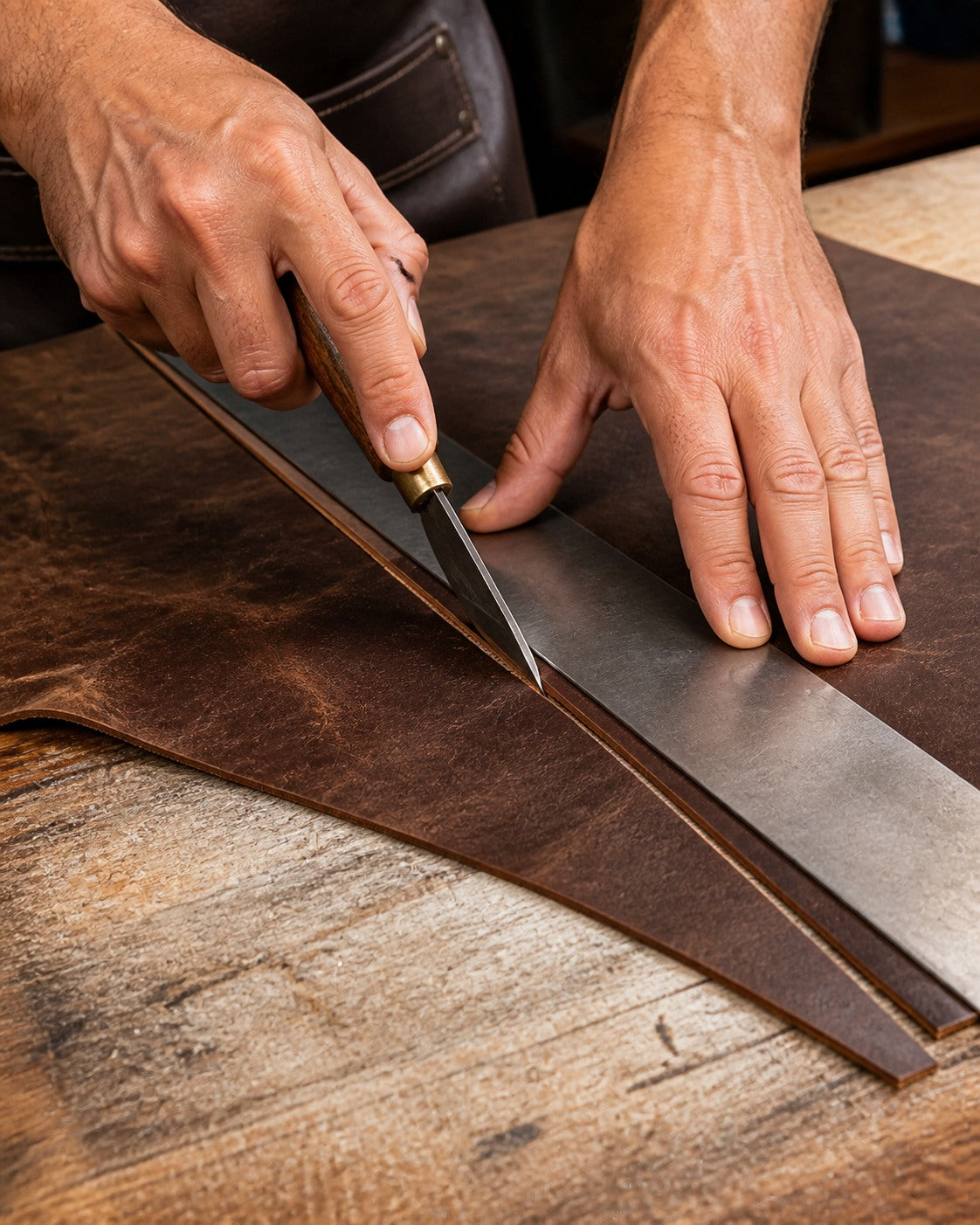 Coffee brown leather being cut into a long belt strap