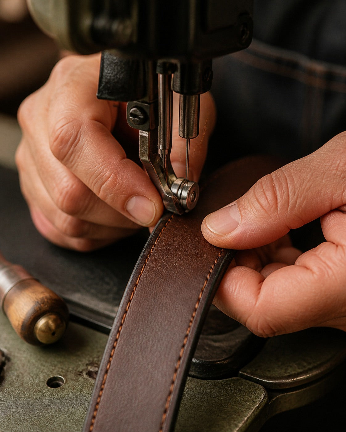 Leather belt strap receiving precise reinforced edge stitching