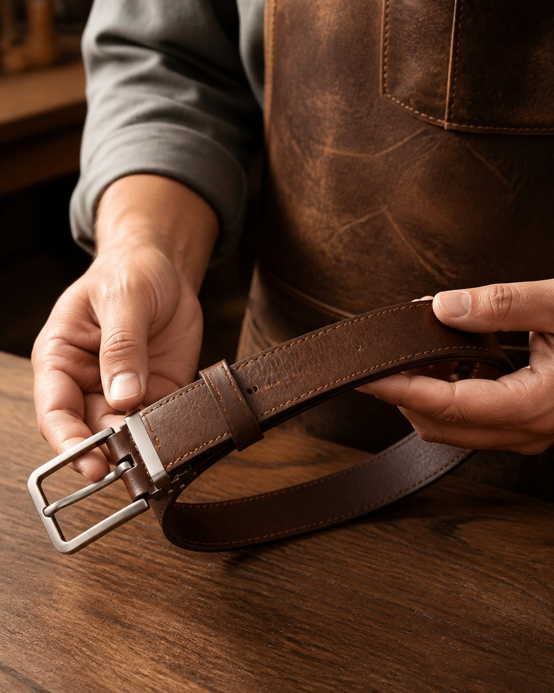 Completed Coffee brown leather belt receiving final inspection
