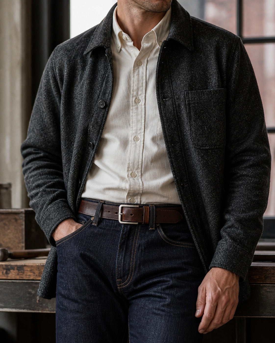 Coffee brown leather belt styled with indigo denim and layered workwear
