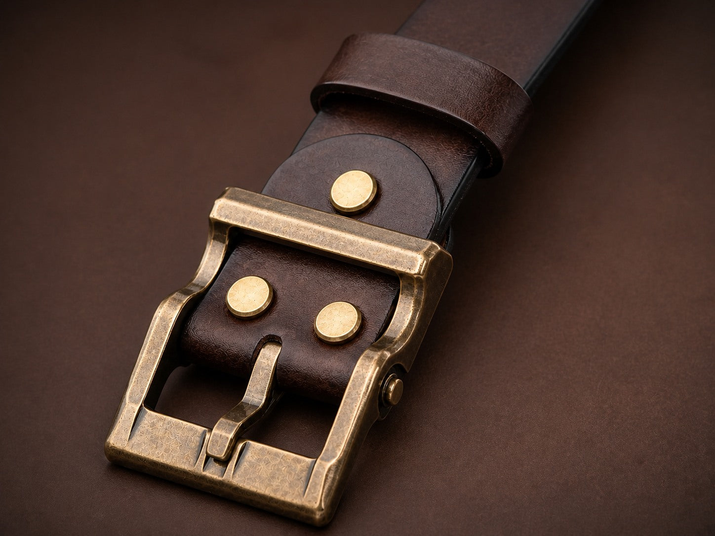 Antique brass pin buckle and three-rivet leather attachment
