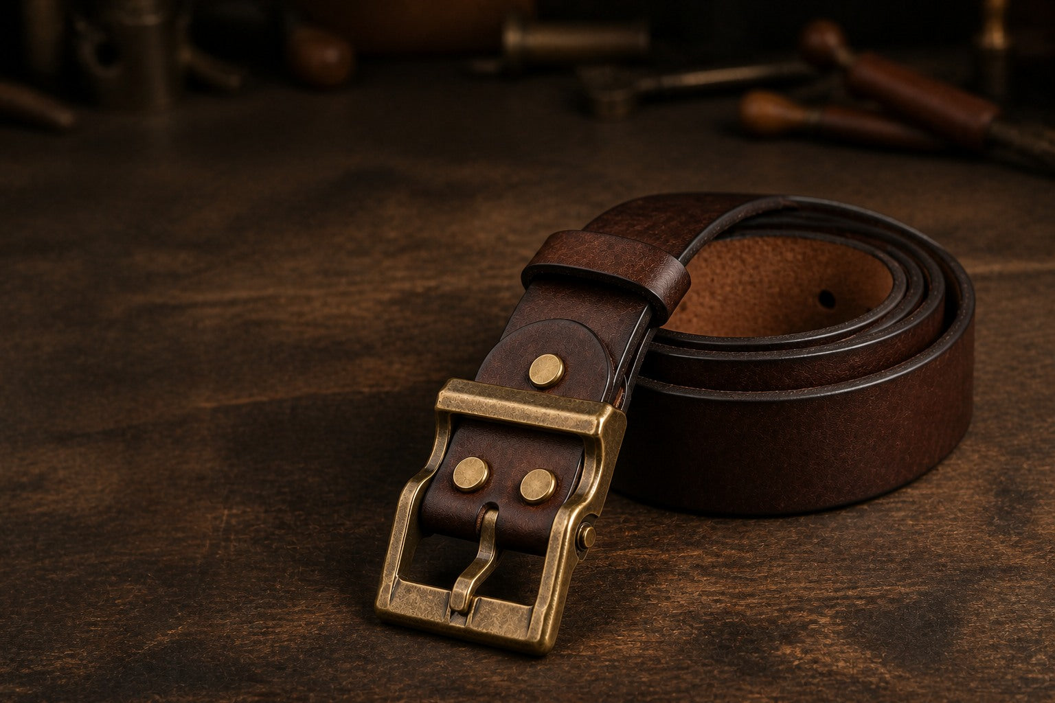 Coffee waxed leather belt with antique brass hardware on a workshop table